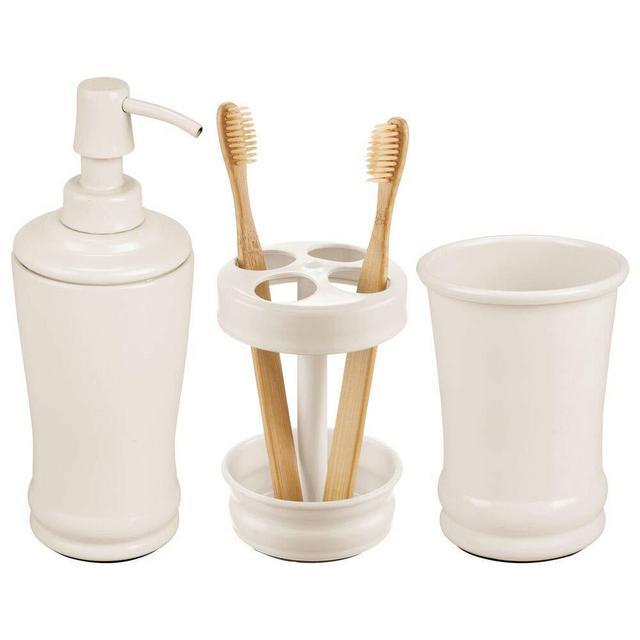 mDesign Metal Bathroom Vanity Countertop Accessory Set - Includes Refillable Soap Dispenser, Divided Toothbrush Stand, Tumbler Rinsing Cup - 3 Pieces - Cream