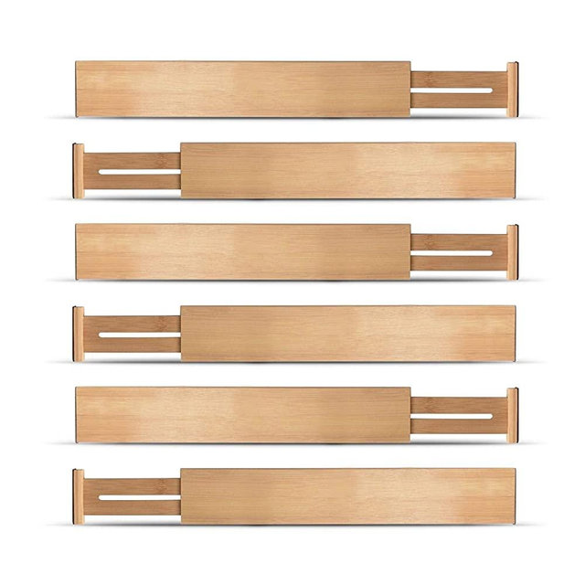 BAMBUSI Kitchen Drawer Dividers - 6 Pack Bamboo Drawer Organizer - 2.6-Inch-Tall, Expandable from 17.5-22 Inch - Adjustable Wood Organizer for Flatware, Kitchen Utensils, Clothes
