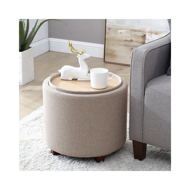 Ornavo Home Lawrence Round Storage Ottoman with Table Top Lid - Linen Beige