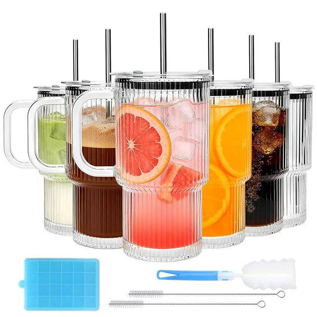 Accguan 6Pack 20oz Ribbed Glass Tumbler with Straw and Lid,Glass Cup with Handle,Reusable lced Coffee Cups with lids-Glass Cups with Lids for Smoothie,Coffee,Juice,Tea,Travel Mug,Cold & Hot Beverages