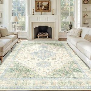 MUJOO 8x10 Area Rugs,Washable Rugs for Living Room Dining Room Bedroom,Large Boho Throw Carpet,Non Slip Big Indoor Low Pile Light Green and Blue