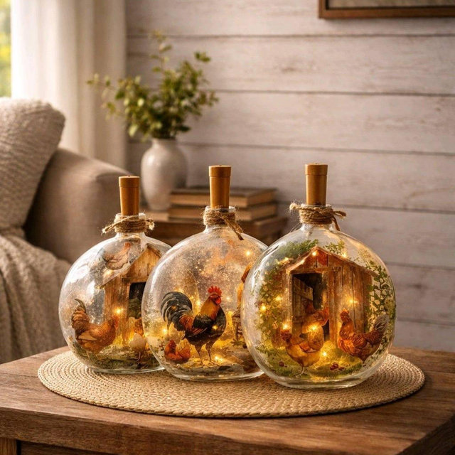 Decorative Farmhouse/Chicken Bottle Light w/Timer: Farmhouse/Chicken Accent Decor