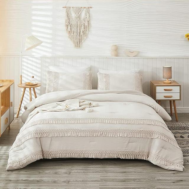 Merryword Boho Comforter Set California King Beige Grey Comforter Bedding Set Grid Lattice Tassel Fringe Soft Microfiber Bedding Set 3 Pieces 1 Comforter 2 Pillowcases
