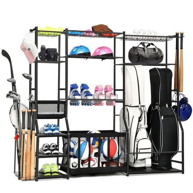 Large Garage Sports Equipment Organizer, golf bag storage, Ball Storage, Upgraded Sports Organizer Rack for Balls with Holder and Hooks, Indoor/Outdoor Basketball Storage Bins for Toy Sports Storage.