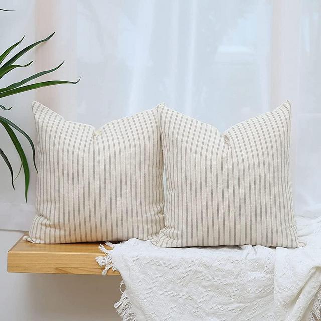 Hckot Khaki and Beige Striped Farmhouse Throw Pillow Covers 18 x 18 Inch, Set of 2 Rustic Linen Decorative Pillow Case for Couch Sofa Cushion Cover Boho Modern Decor(Khaki)