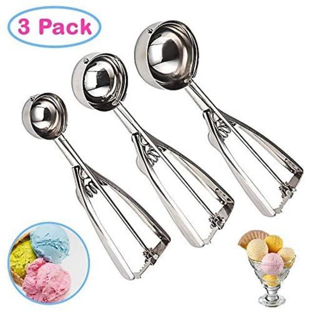 Cookie Scoop Set of 3 - Stainless Steel Ice Cream Scooper with Trigger, Small, Medium and Large Cookie Scoops for Baking, Easy to Clean, Highly Durable, Ergonomic Handle Cookie Dough Scoop