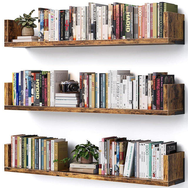 VMROF Wall Bookshelf, Set of 3, 36 Inches U Shaped Wall Shelves, Long Deep Floating Shelves, Large Floating Book Shelves - Wood Hanging Bookshelves for Kitchen, Bedroom