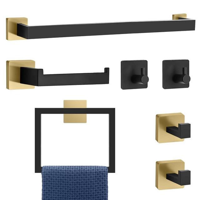 Gold and Black Bathroom Hardware Set, Black and Gold Bathroom Accessories 7 Piece Gold Square Towel Bar Bathroom Towel Rack Towel Holder Set Bathroom Hardware Set Gold and Black 23-Inch