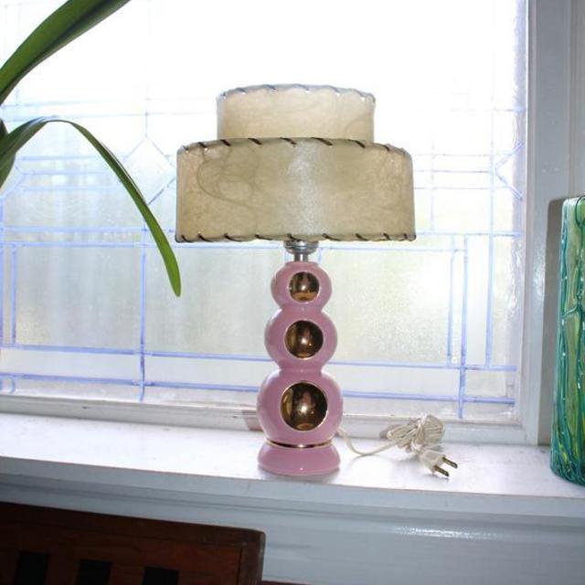 Vintage Mid Century Modern Table Lamp and Shade Pink & Gold Bubble