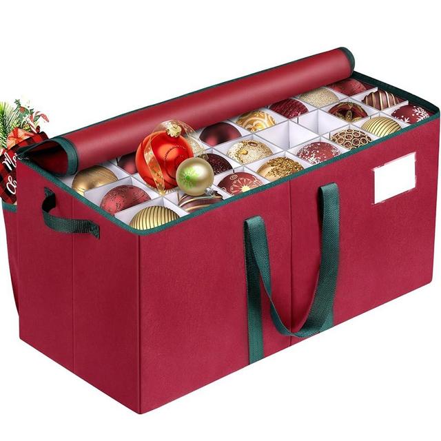 RoomHacks Christmas Ornament Storage Box, Store Up to 128 Ornaments, Durable Christmas Storage Container, Dual Zipper & Adjustable, Large Organizer Bin to Protect and Store Holiday Ornaments(Red)