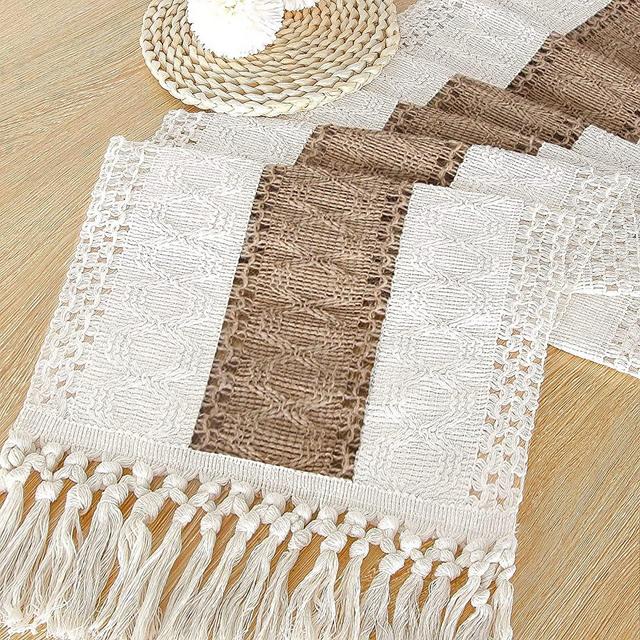 FEXIA Boho Table Runner 108 Inches Long for Home Decor Farmhouse Table Runner Cream & Brown Rustic Macrame Table Runner with Tassels for Bohemian Dining Bedroom Decor Bridal Shower (12x108 Inches)