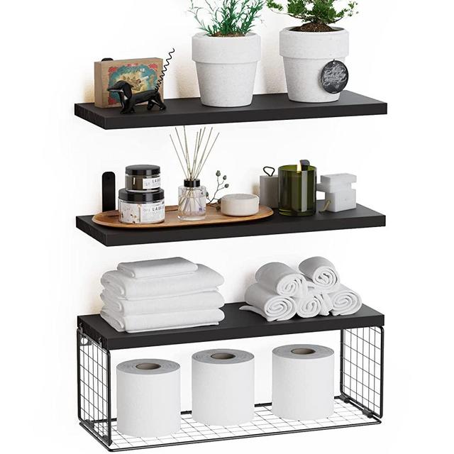 WOPITUES Floating Shelves Wall Mounted, Rustic Wood Bathroom Shelves Over Toilet with Paper Storage Basket, Farmhouse Floating Shelf for Wall Decor, Bedroom, Living Room, Kitchen, Plants, Books–Black