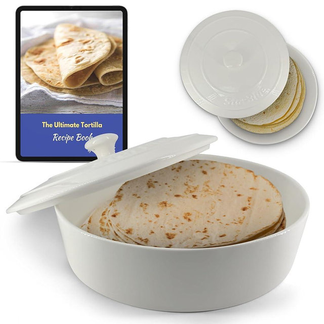 StarBlue 12 Inches Ceramic Tortilla Warmer with FREE Recipes ebook - White, Insulated One Hour, Chapati, Roti, Microwavable, Oven Safe