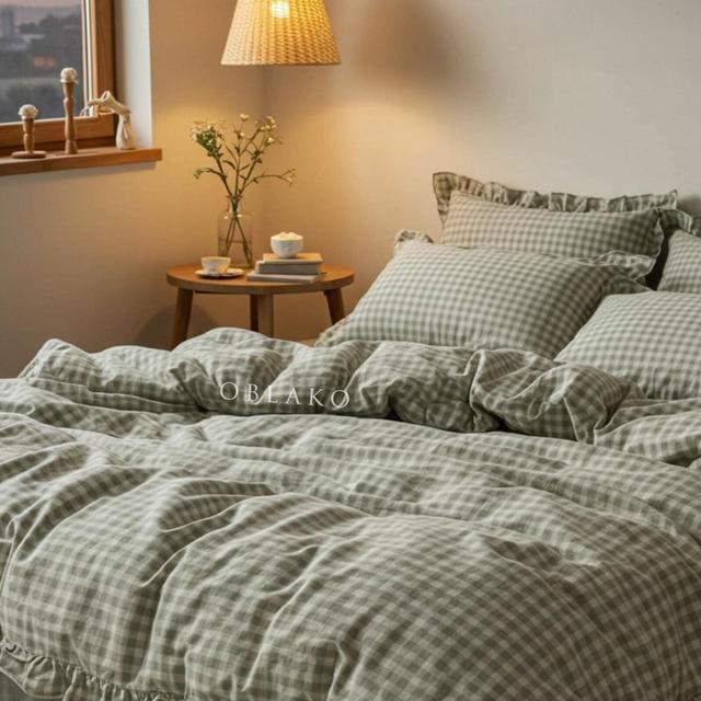 Ruffle Gingham Washed Cotton Duvet Cover – Ruffled Fringe Plaid Bedding Set – Dorm 4 piece Bed Linen