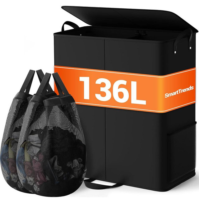 SmartTrends Large Double Laundry Hamper with Lid, Removable Bags & Reinforced Handles, 2 Section Tall Laundry Basket, Dirty Clothes Hampers for Laundry Room, Bedroom, Bathroom, Dorm, 136L, Black