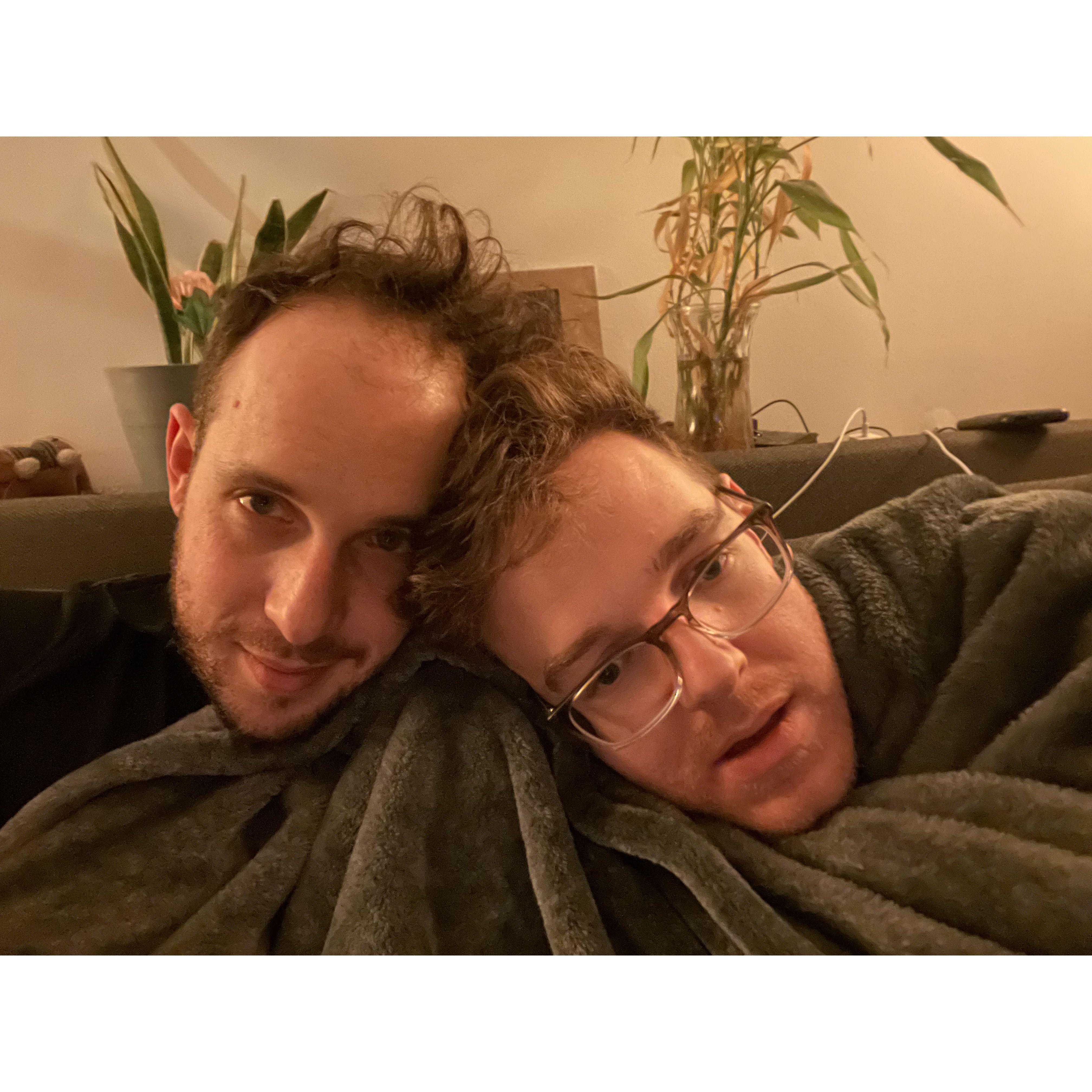 November 2023 - Brooklyn, NY - What better place to cuddle than with you? (Thanks Mary for the blanket)