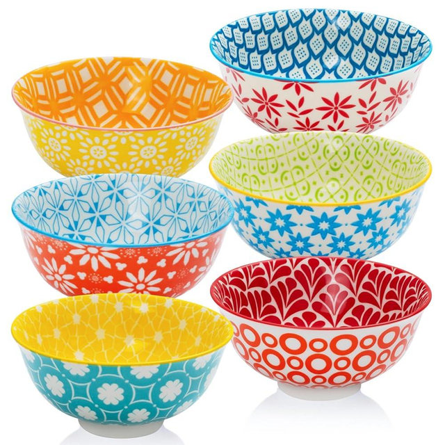 AntoKueh 25 OZ Colorful Large Ceramic Bowl Set of 6 6 inch Deep Porcelain Cereal Bowls for Soup, Salad, Snack and Rice, Dishwasher/Microwave safe