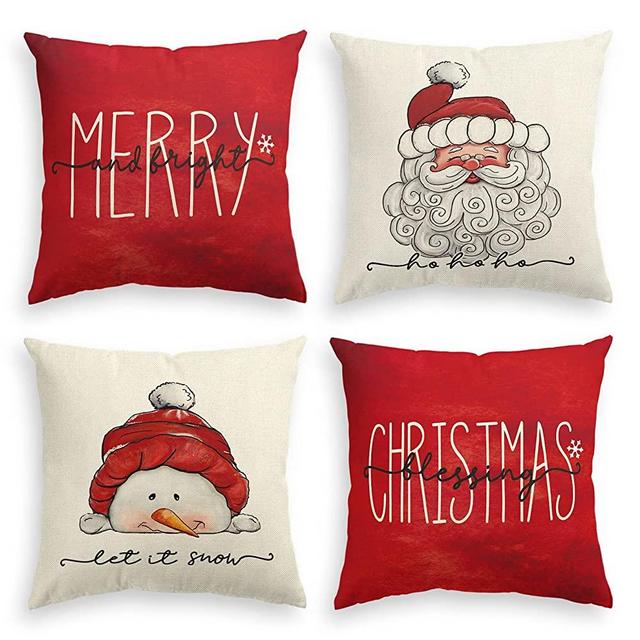 AVOIN colorlife Christmas Blessing Santa Claus Snowman Throw Pillow Covers, 18 x 18 Inch Winter Holiday Cushion Case Decoration for Sofa Couch Set of 4