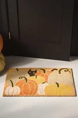 Black Cat in a Pumpkin Patch Printed Coir Doormat