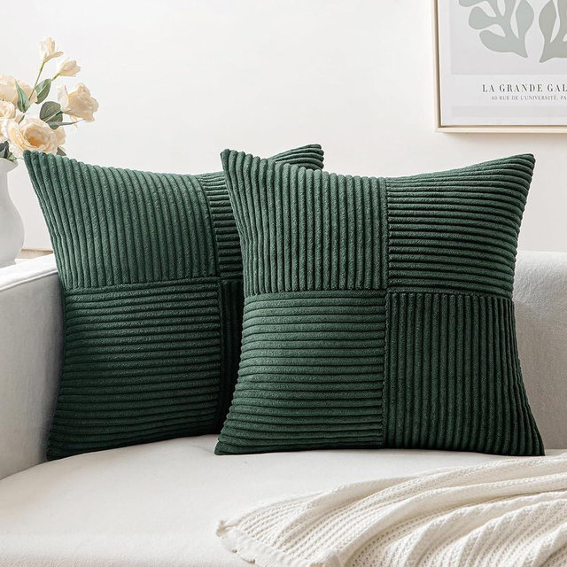 MIULEE Army Green Corduroy Pillow Covers Pack of 2 Boho Decorative Spliced Throw Pillow Covers Soft Solid Couch Pillowcases Cross Patchwork Textured Cushion Covers for Living Room Bed Sofa 18x18 inch