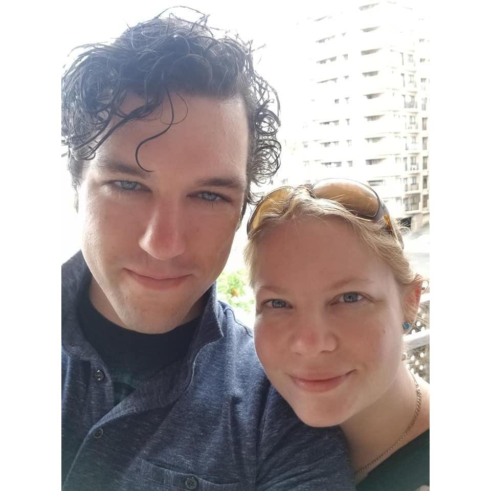 This photo shows us outside of our efficiency hotel in Naha, Okinawa, Japan.
As you can see, it was very humid!