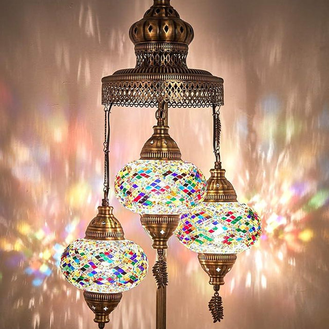 DEMMEX 3 Big Globes XL Magnificent Handmade Turkish Moroccan Mosaic Tiffany Style Table Desk Bedside Lamp Lampshade Exotic Night Accent Light for North American Use, 31" Height
