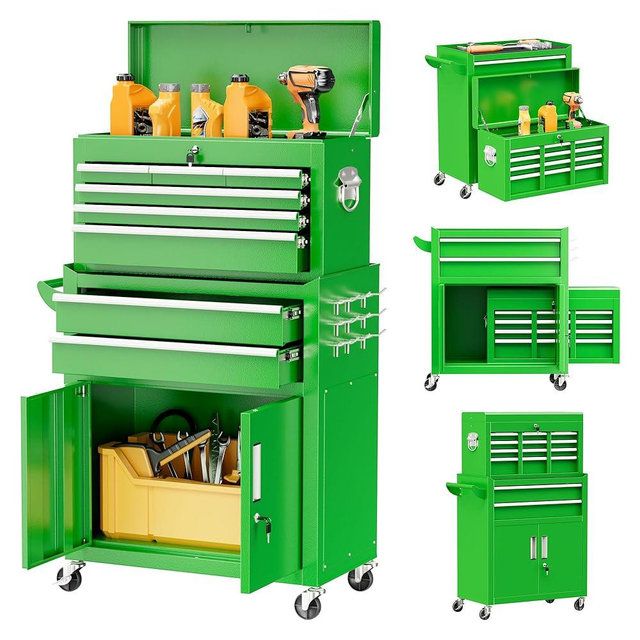 Superday Metal Tool Chest, 8 Drawer Rolling Tool Chest with Wheels, Detachable Tool Storage Cabinet with Lock for Garage, Steel Tool Cart with Liner & Hooks for Workshop, Warehouse (Green)