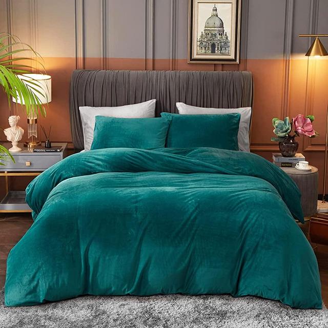 Ivellow Velvet Duvet Cover Queen Set Peacock Blue Velvet Duvet Cover Queen Comforter Cover 3Pcs Ultra Soft Duvet Cover Breathable Solid Luxury Flannel Velour Duvet Cover Zipper Closure Corner Tie