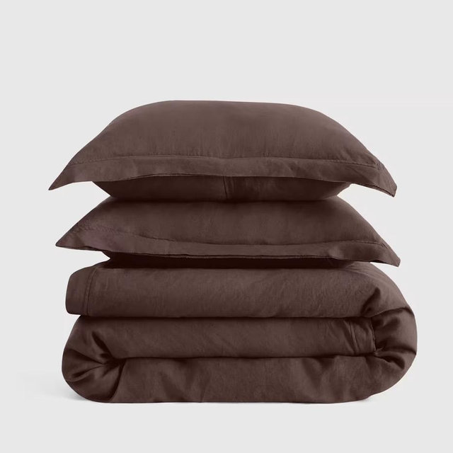 European Linen Double Flange Duvet Cover Set - Espresso, Full/Queen