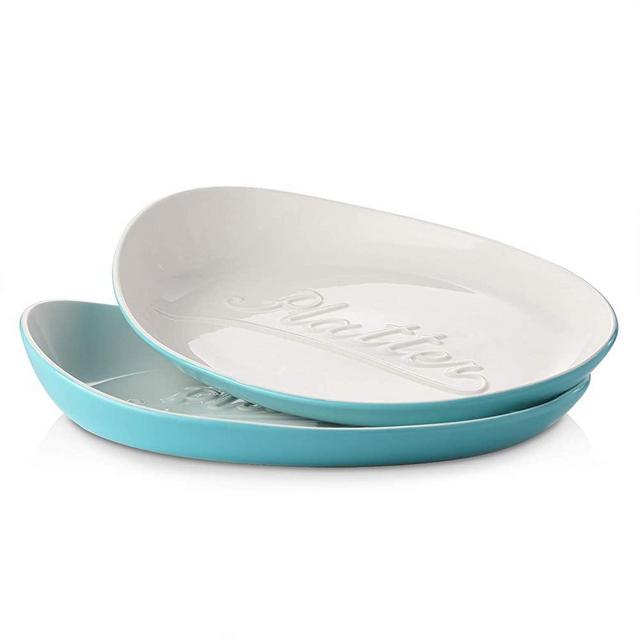 DOWAN 12" Wide Serving Platters, Porcelain Serving Dishes for Dessert Cake Appetizers Sushi - Set of 2, Ceramic Dinner Serving Plates for Thanksgiving Christmas Party, Blue
