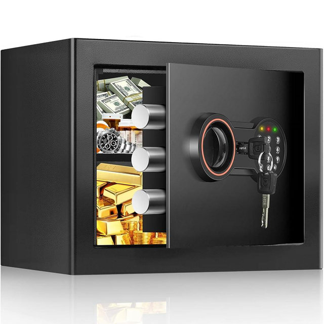 Small Safe for Home, 9.84"H Safe Box for College Dorm Room, Office & Home Security, Money Safe with Alarm System, Sensor LED Light, Wall/Floor Mountable, Hidden Safes for Cash, Jewelry, Medicine