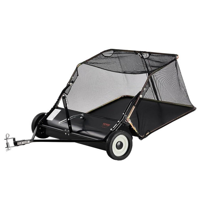 VEVOR 42 Inch Lawn Sweeper Tow Behind, 12 cu.ft. Large Pull Behind Grass Sweeper, Heavy Duty Leaf & Grass Collector with Dumping Rope Design, Adjustable Sweeping Height for Picking Up Debris & Grass