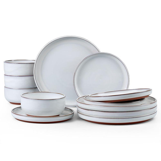 E-far Stoneware Dinnerware Sets for 4, 12 Pieces Reactive Glaze Plates and Bowls Sets, Elegant Dishes with Rustic Terracotta Base, Dishwasher & Microwave Safe, Scratch Resistant, Glacier White