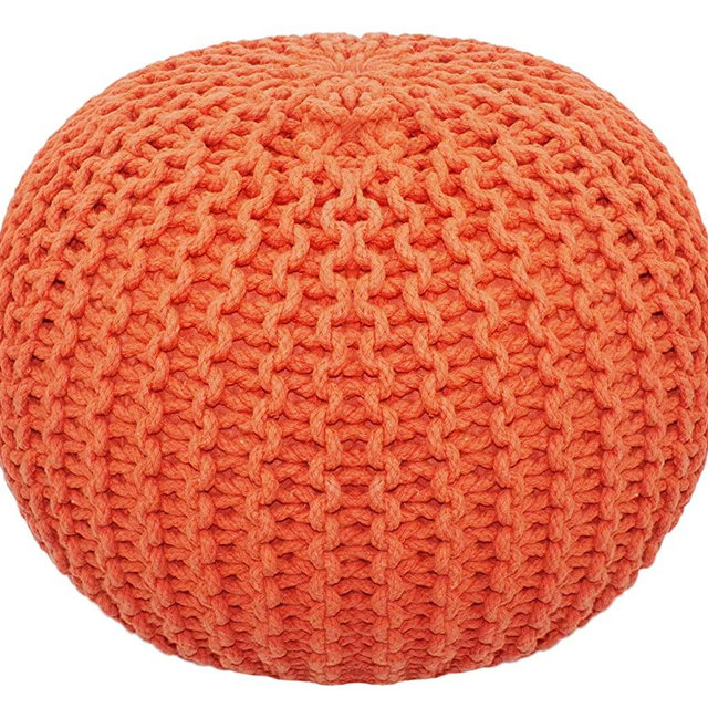 COTTON CRAFT - Hand Knitted Cable Style Dori Pouf - Orange - Floor Ottoman - Cotton Braid Cord - Handmade & Hand Stitched - Truly one of a Kind Seating - 20 Dia x 14 High