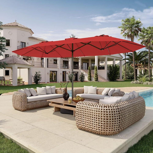 Patio Kingdom 15FT Double Sided Patio Umbrella with Base Included Large Outdoor Market Umbrella with Crank Handle, UV Resistant Canopy, Sturdy Frame for Garden, Poolside, Deck, Red