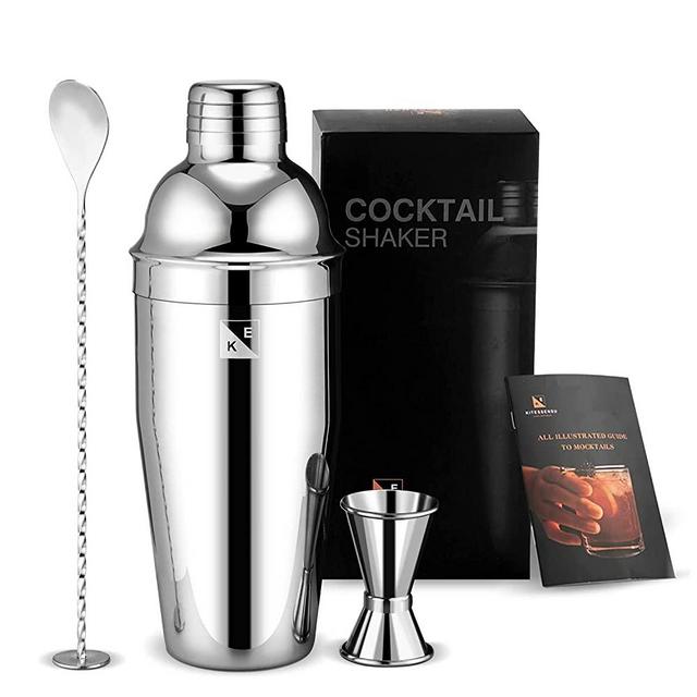 KITESSENSU Cocktail Shaker Set, Stainless Steel Bartending Kit with 24 Ounce Cocktail Shaker with Built in Drink Strainer, Measuring Jigger, Mixing Spoon & Drink Recipe Guide - Professional Bar Tools
