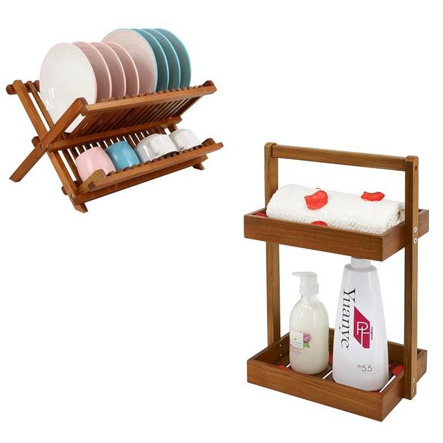 Utoplike Teak Collapsible 2 Tier Rack Dish Drying Rack and 2 Tier Standing Shower Organizer Caddy Corner with Handle