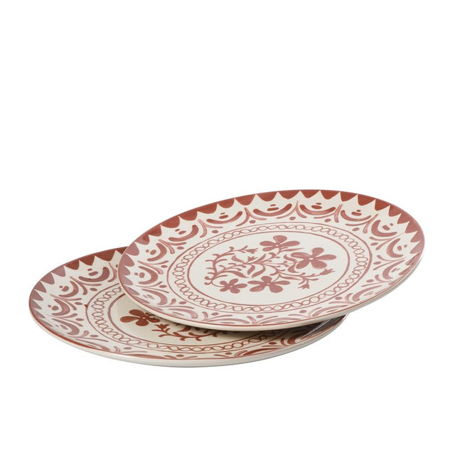 Bloomhouse - 2-Time Oprah’s Favorite Things - Valencia Flor 2 Piece 13” Serving Platter Set, Stoneware Platters, Mediterranean Floral Decal Design, Microwave & Dishwasher Safe, Pomegranate Red