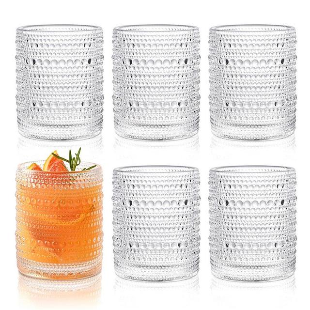 KMIGRUAN Hobnail Drinking Glasses Set of 6,12oz Vintage Glassware Embossed Vintage Water Cups Cocktail Glasses Juice Glasses