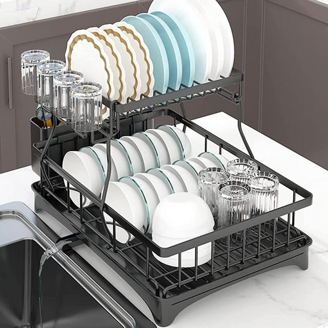 Dish Drying Rack and Drainboard Set, 15.7" x 11.8" x 13.3" Compact Dish Drainer 2 Tier Dish Rack for Kitchen Counter with Removable Utensil and Cup Holder (Black)