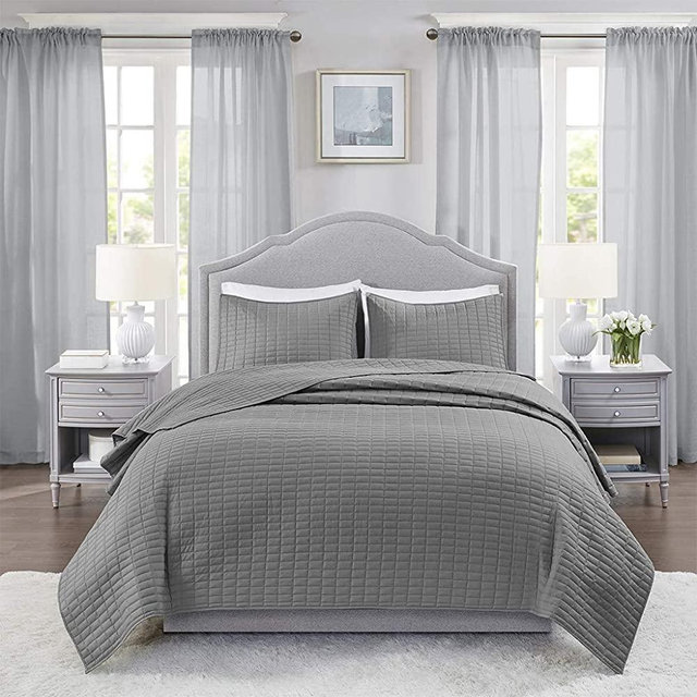 Comfort Spaces Kienna Quilt Set-Luxury Double Sided Stitching Design All Season, Lightweight, Coverlet Bedspread Bedding, Matching Shams, Full/Queen(90"x90"), Charcoal Grey 3 Piece