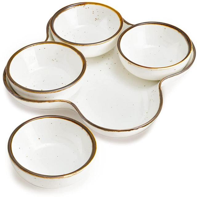 ONEMORE Ceramic Chip and Dip Serving Set - 10 Inch - Dishwasher Safe Divided Platters with Bowls - For Chips, Veggie and Dips - Cream White