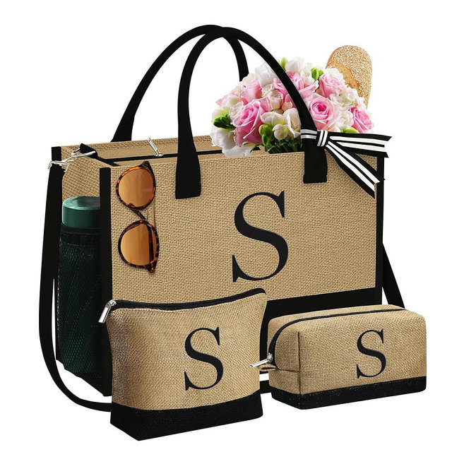YOOLIFE Initial Jute Tote Bag & 2 Makeup Bags Valentines Day Personalized Gifts Best Friend Birthday Gifts for Women Her Mom