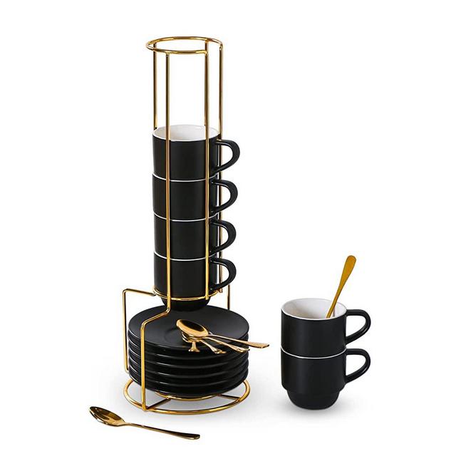 Lareina Porcelain Stackable Espresso Cups with Saucers, Spoons and Metal Stand 4 Ounce Small Cappuccino Coffee Cups Set of 6 - Ceramic Demitasse Cups for Nespresso Lungo, Double Espresso, Black