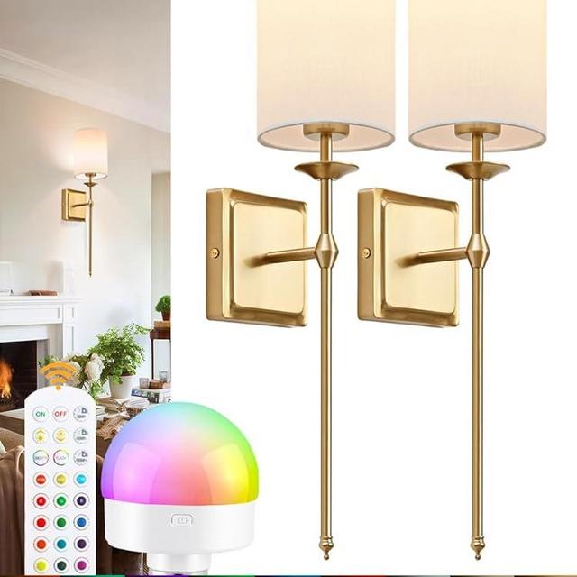Battery Operated Wall Sconces Set of 2 Two Wireless Sconces Brass Gold Rechargeable Wall Lights Dimmable&RGB Battery Powered Wall Sconce Wall Decor for Bedroom Living Room, Remote Control