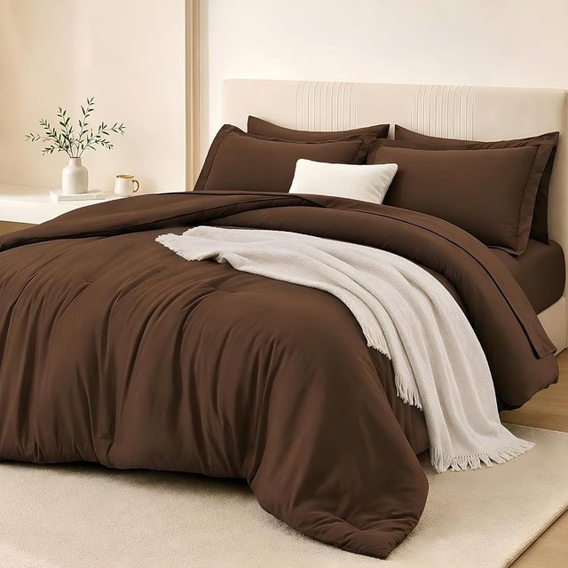 FUANNA Queen Comforter Set Dark Brown, 7 Pieces Soft Bedding Set Queen Size, All Season Lightweight Bed in a Bag with Comforter, Flat Sheet, Fitted Sheet, Pillowcases & Shams