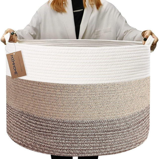 MXMHOME Large Cotton Rope Basket,23.6"x23.6"x14.1"Throw Blanket Storage for Living Room Woven Baby Laundry Basket with Handle Nursery Basket Soft Toy Storage Basket Comfoter Cushions Thread Hamper