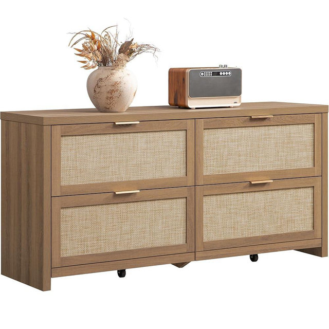 SICOTAS 60.8" Dresser for Bedroom, Rattan Boho Dresser with 4 Deep Drawers, Large Chest of Drawers for Closet,Nursery,Dressers TV Stand for Living Room (Reclaimed Caramel Oak, 1 Piece)