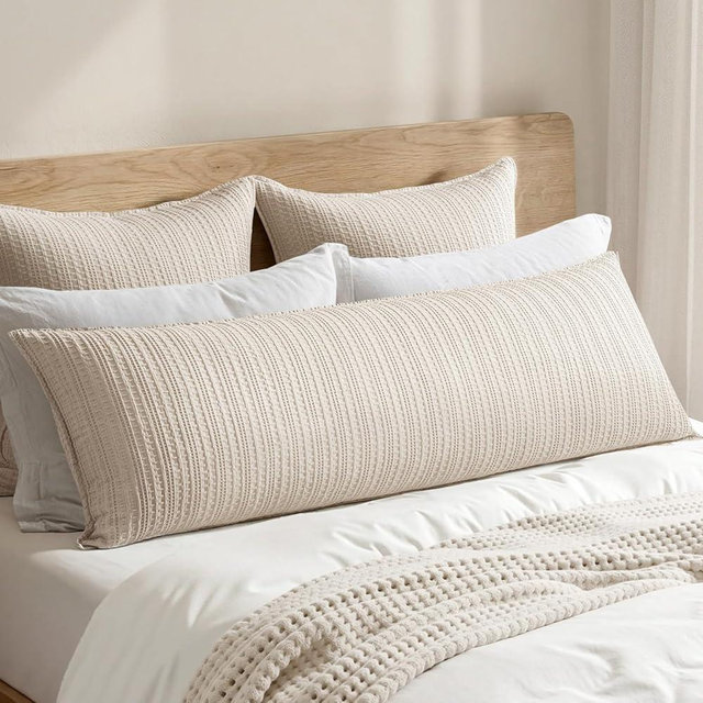 Woaboy 100% Cotton Waffle Weave Body Pillowcase, 1 Pack 20x54 Decorative Body Pillow Cover for Bed Couch Sofa, Neutral Soft Long Cushion Sham Modern Farmhouse Home Decor, Oatmeal