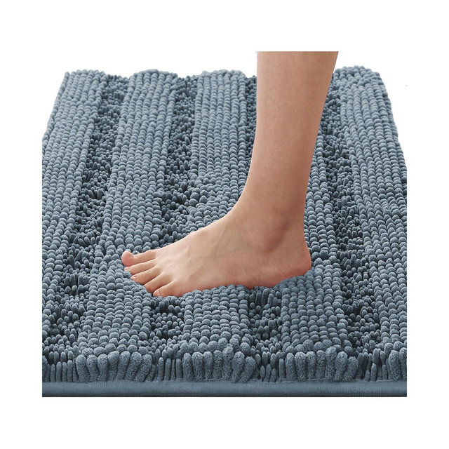 H.Versailtex 1pc Bath Rugs for Bathroom Non Slip Bath Mats Extra Thick Chenille Striped Rug STONEBLUE 32“ X 20"